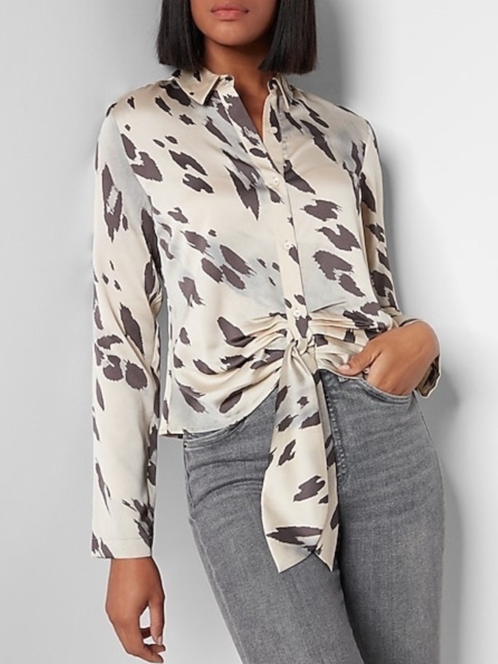 Express Animal Print Front Tie Satin Portofino Shirt